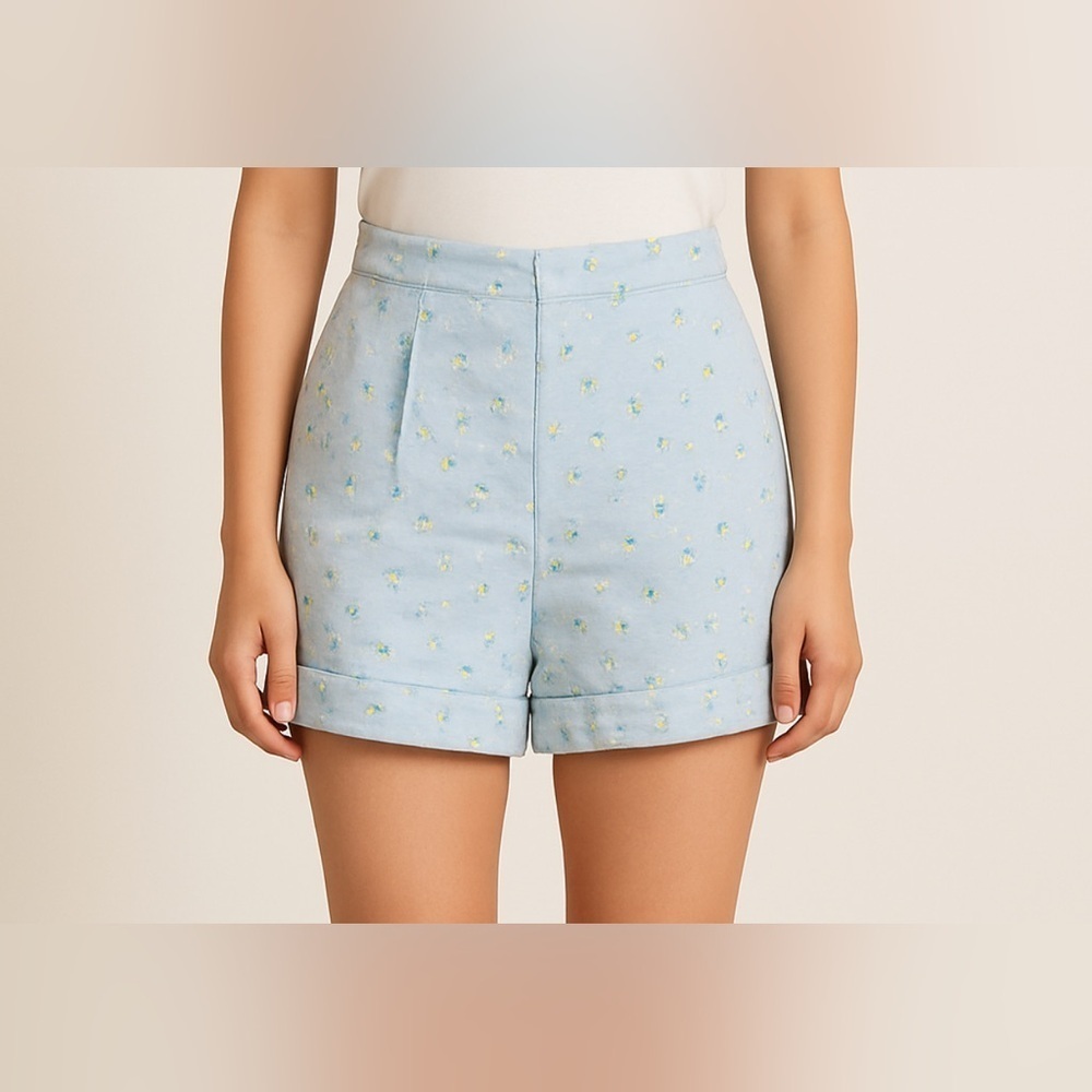 Majorelle Light Blue Floral High Waist Womens Linen Blend Shorts. Size-XXS